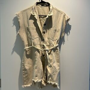 Beige Denim Shorts Romper